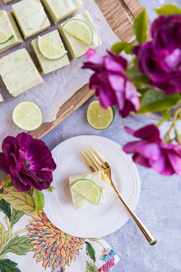 Low-Carb Key Lime Pie Bars - dairy-free, grain-free, sugar-free, delicious no-bake dessert recipe.