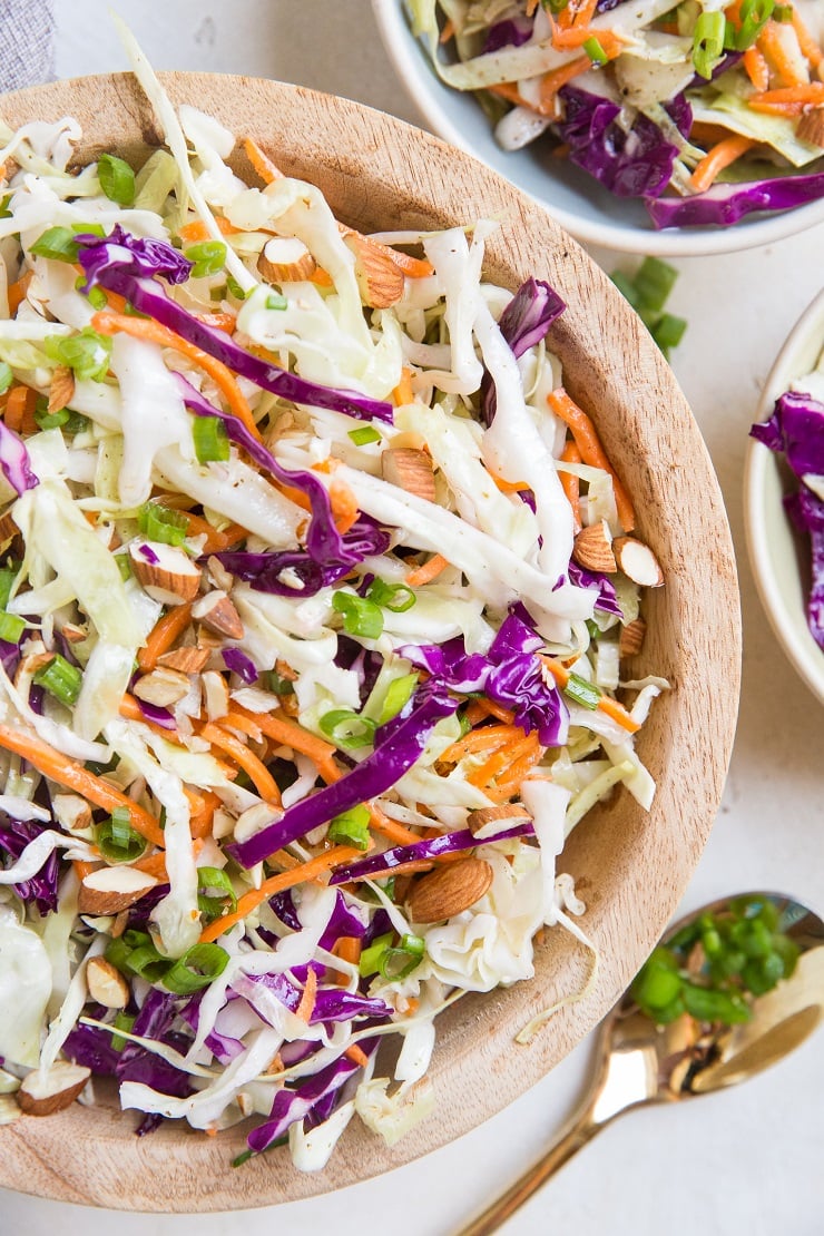 Mayo-Free Coleslaw Recipe - a healthier coleslaw recipe with no mayonnaise and no cane sugar. Amazing as a side dish, on sandwiches, burgers, in wraps and salads, etc.