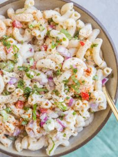 Mayo-Free Macaroni Salad Recipe - simple ingredients, lots of flavor and a Greek yogurt dressing make this easy macaroni salad so refreshing!