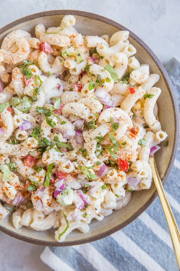 Healthier Macaroni Salad recipe with Greek yogurt dressing - mayo-free, flavorful and delicious!