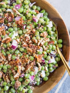 Pea Salad with Bacon, raisins, pecans, and red onion. Mayo-free, light and delicious summer salad recipe