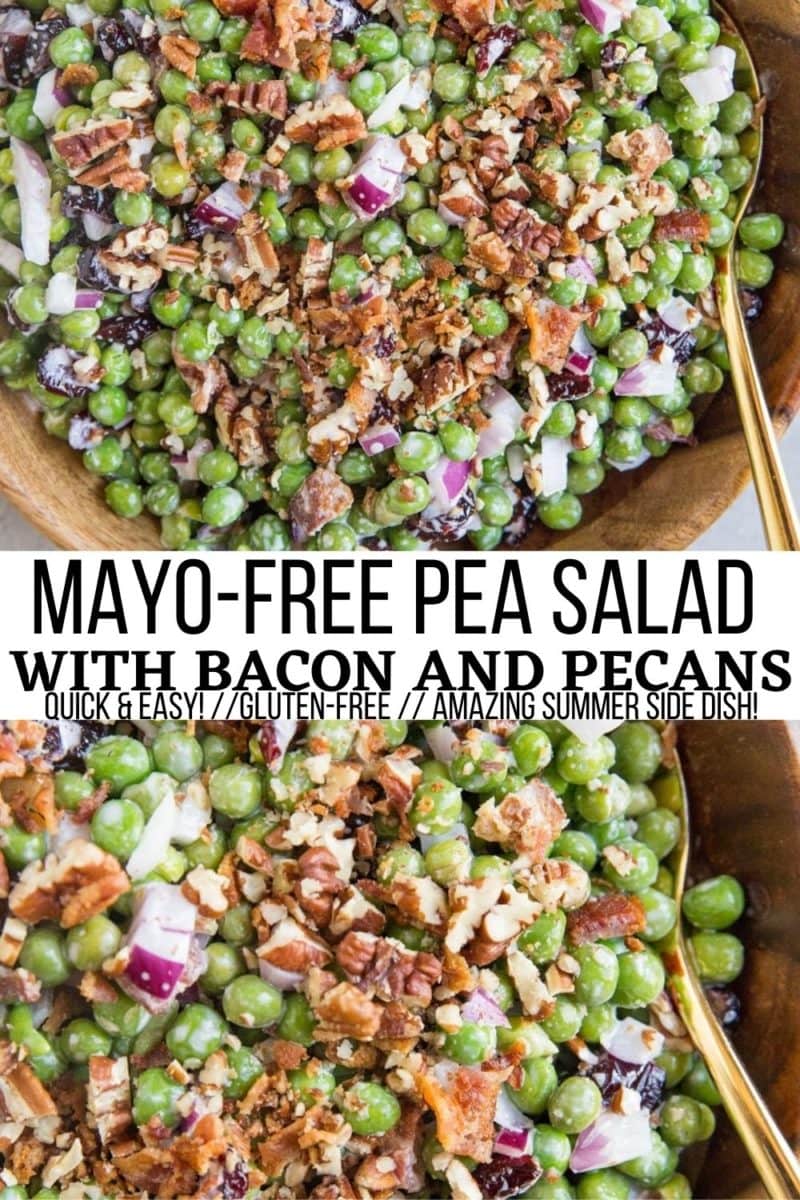 Mayo-Free Pea Salad with bacon, pecans and dried cranberries is a fresh, flavorful side dish, perfect for summer gatherings! This versatile pea salad recipe can be served as a side dish or added to a green salad to spruce it up.