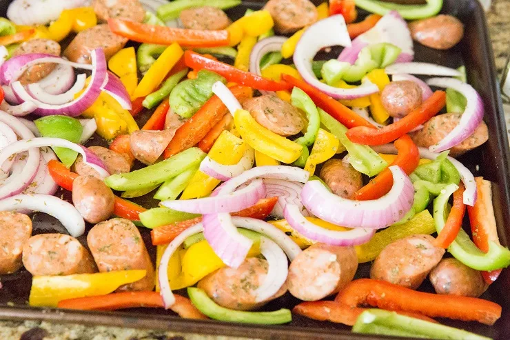 Sheet pan with sausage, peppers, and onions