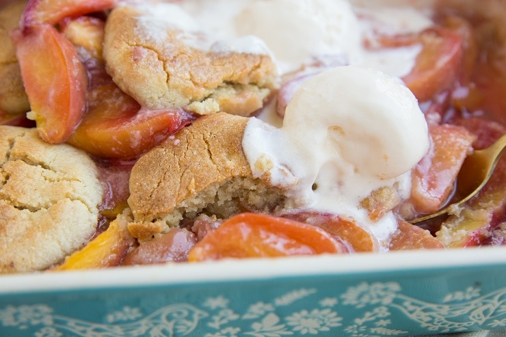 Easy Gluten-Free Peach Cobbler with almond flour biscuits is grain-free, dairy-free, refined sugar-free and healthy!