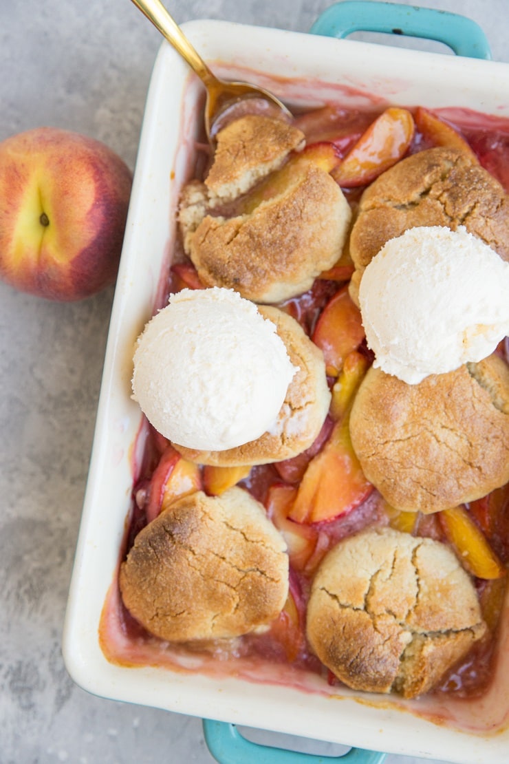 Vegan Paleo Peach Cobbler - grain-free, dairy-free, refined sugar-free healthier peach cobbler recipe made with almond flour