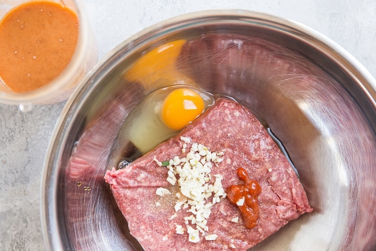 Meatball mixture in a mixing bowl for meatballs