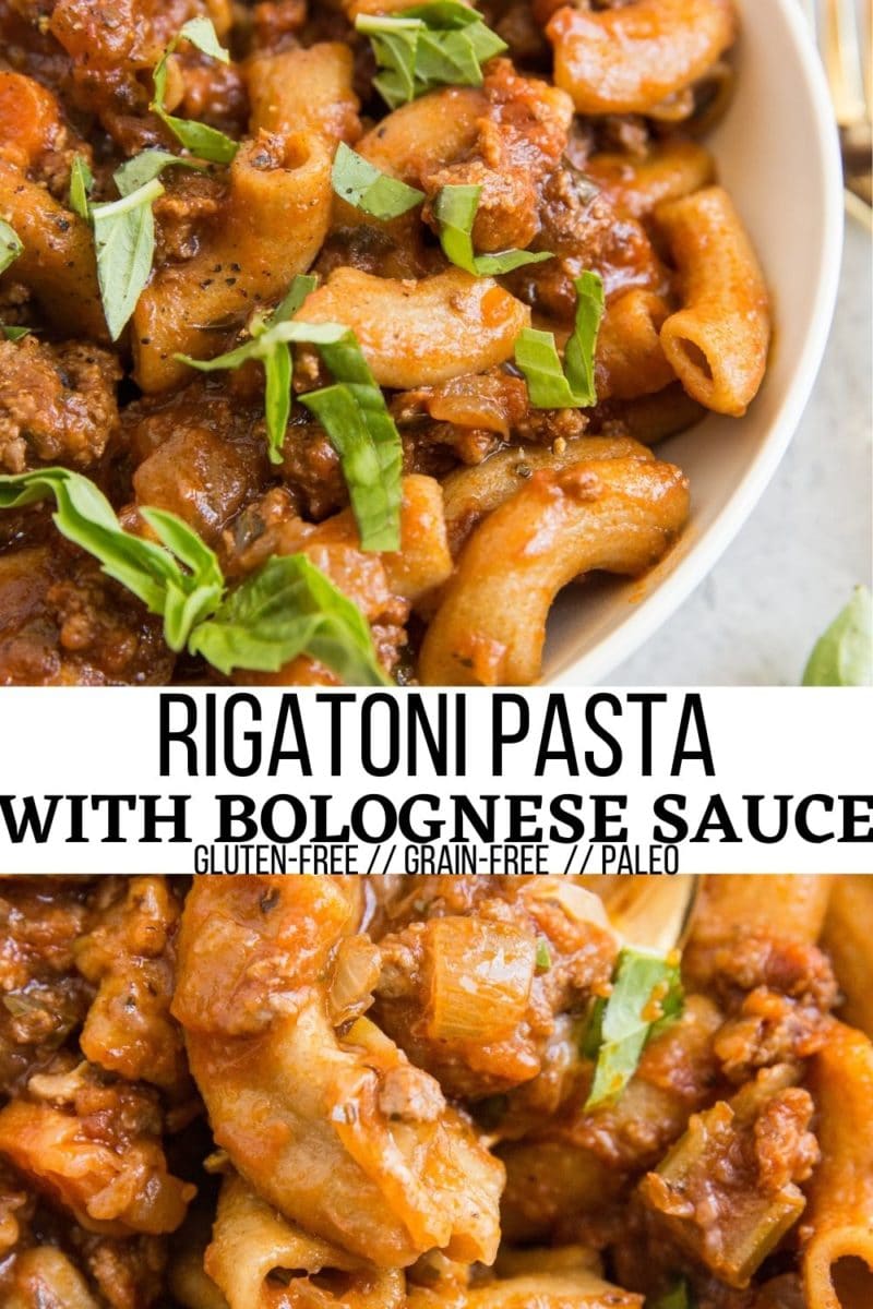 Rigatoni Pasta with Bolognese Sauce - Pasta Bolognese is loaded with tangy, sweet, rich hearty flavor and makes for an incredibly satiating meal. This easy to make healthy pasta recipe is gluten-free, packed with protein, and an incredible celebration of carbs. #rigatoni #Pasta #bolognese #italian #glutenfree #grainfree #paleo #Paleopasta #healthypasta #meatsauce
