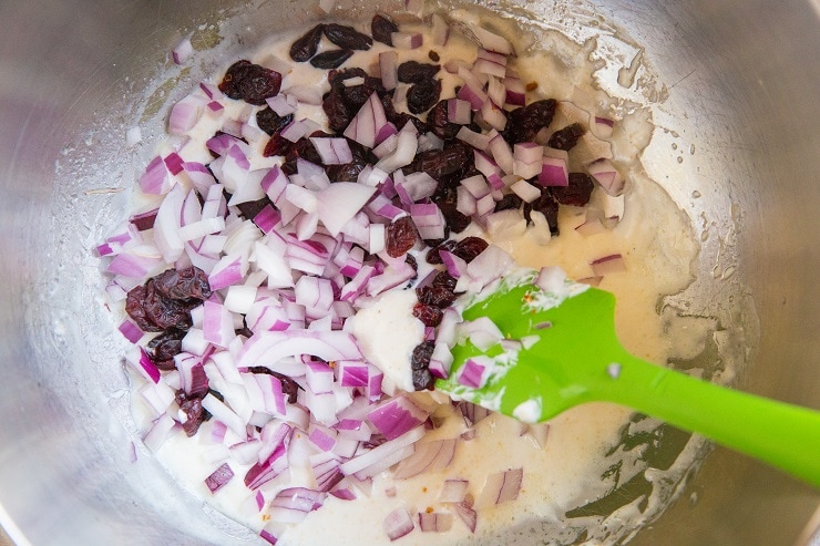 Stir together the ingredients for the pea salad dressing in a mixing bowl