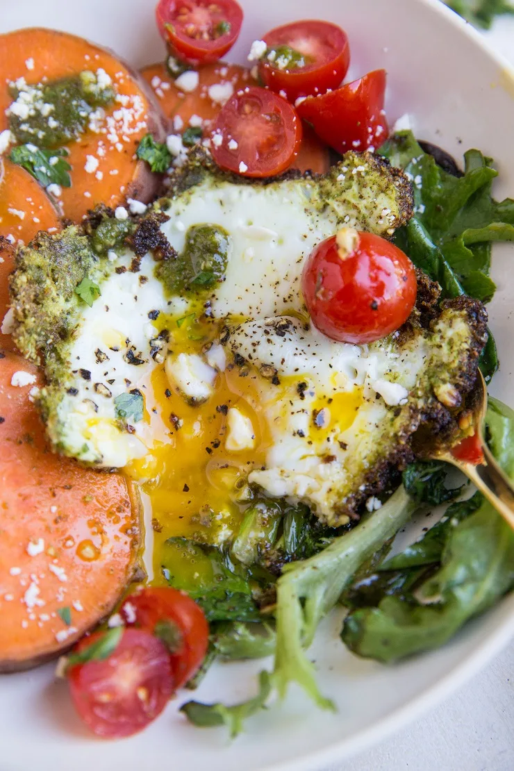 Pesto Eggs with sweet potato and greens is a nourishing way to start the day
