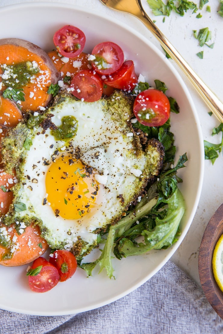 Pesto Eggs Breakfast Bowls - that pesto eggs recipe from TikTok - made into a breakfast bowl with sweet potatoes and greens