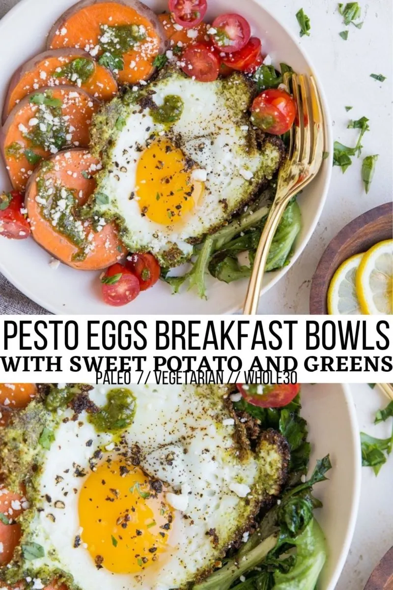 Pesto Eggs Breakfast Bowls with Sweet Potato, greens, feta and cherry tomatoes. A superfood breakfast to fuel the day!