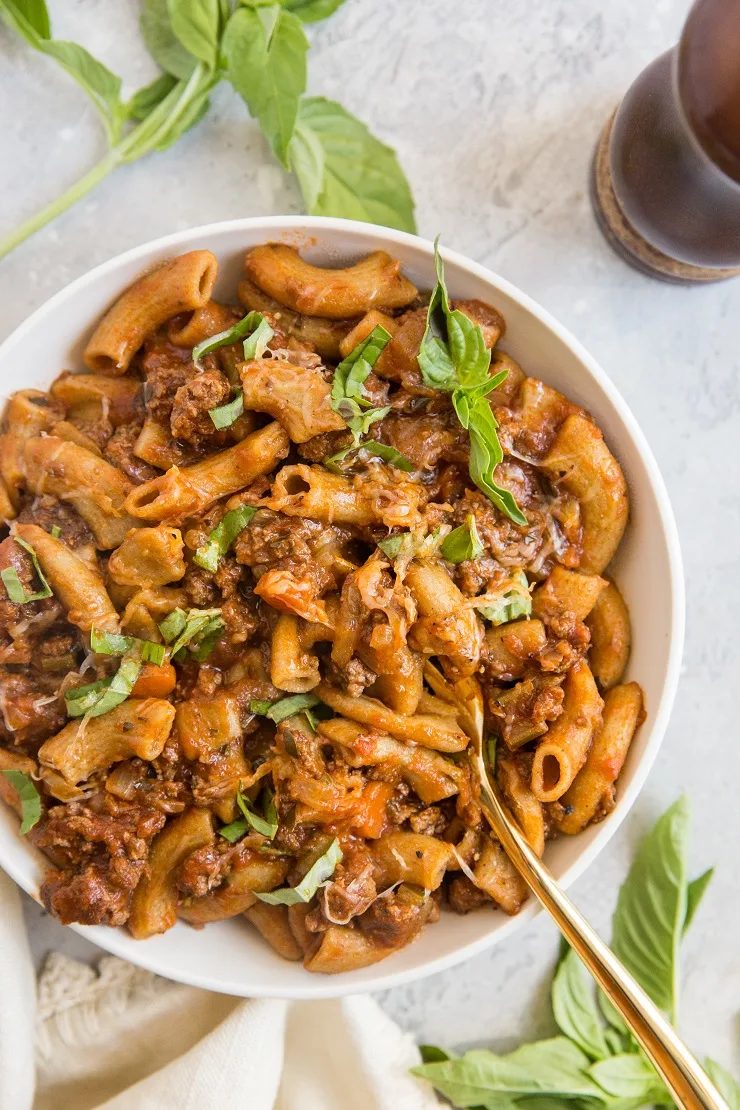 Rigatoni Pasta Recipe with Bolognese Sauce - an easy pasta recipe that's loaded with flavor! This healthier pasta recipe is made with grain-free noodles but you can use any noodle you like.