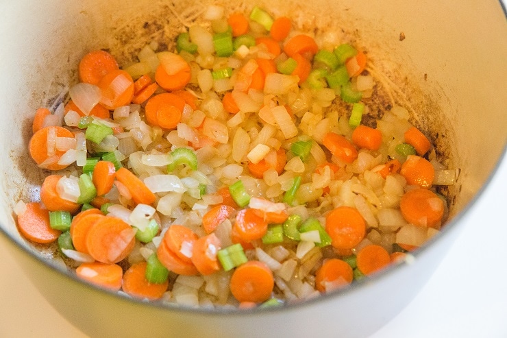 Saute the holy trinity aka mirepoix for the sauce