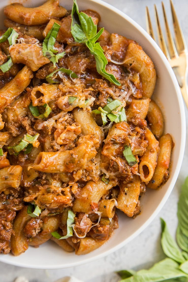 Rigatoni Bolognese made grain-free and paleo-friendly. This easy pasta recipe is loaded with flavor!
