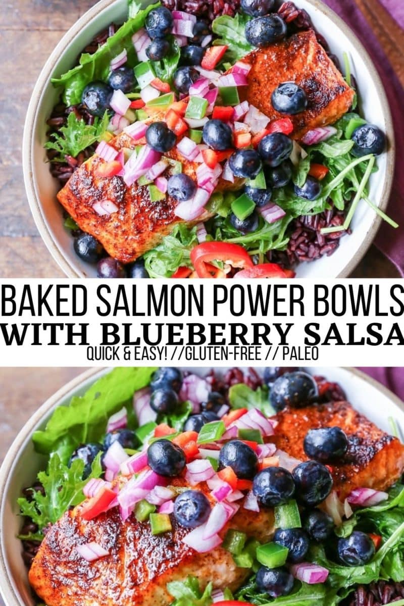 Salmon Power Bowls with Blueberry Salsa, greens, and forbidden rice - a quick, easy, and nutritious dinner recipe that is loaded with flavor!