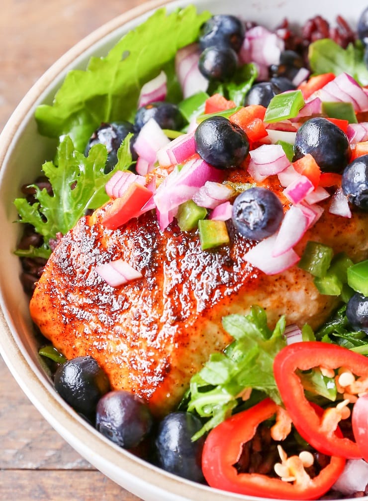 Baked Salmon Power Bowls with Blueberry Salsa, Forbidden Rice, and Greens