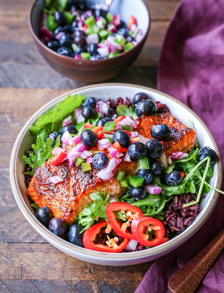 Superfood Salmon Power Bowls with Blueberry Salsa - an amazingly nutrient-dense dinner recipe to keep you satiated 