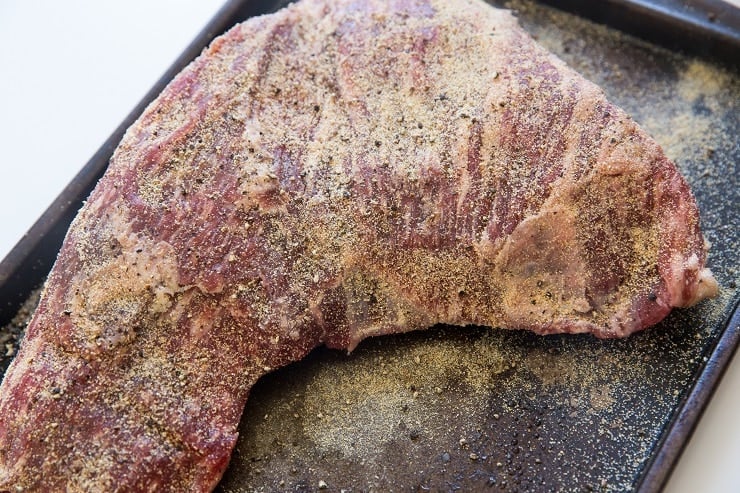 Season tri tip with sea salt, garlic powder, and black pepper