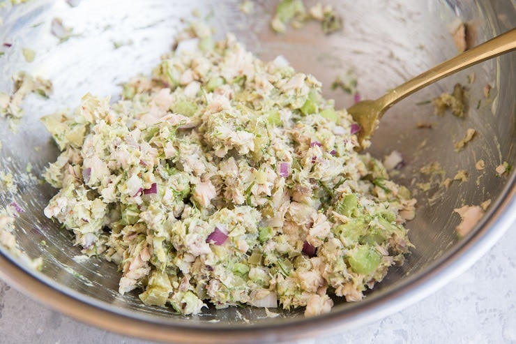 Mayo-Free tuna salad in a mixing bowl