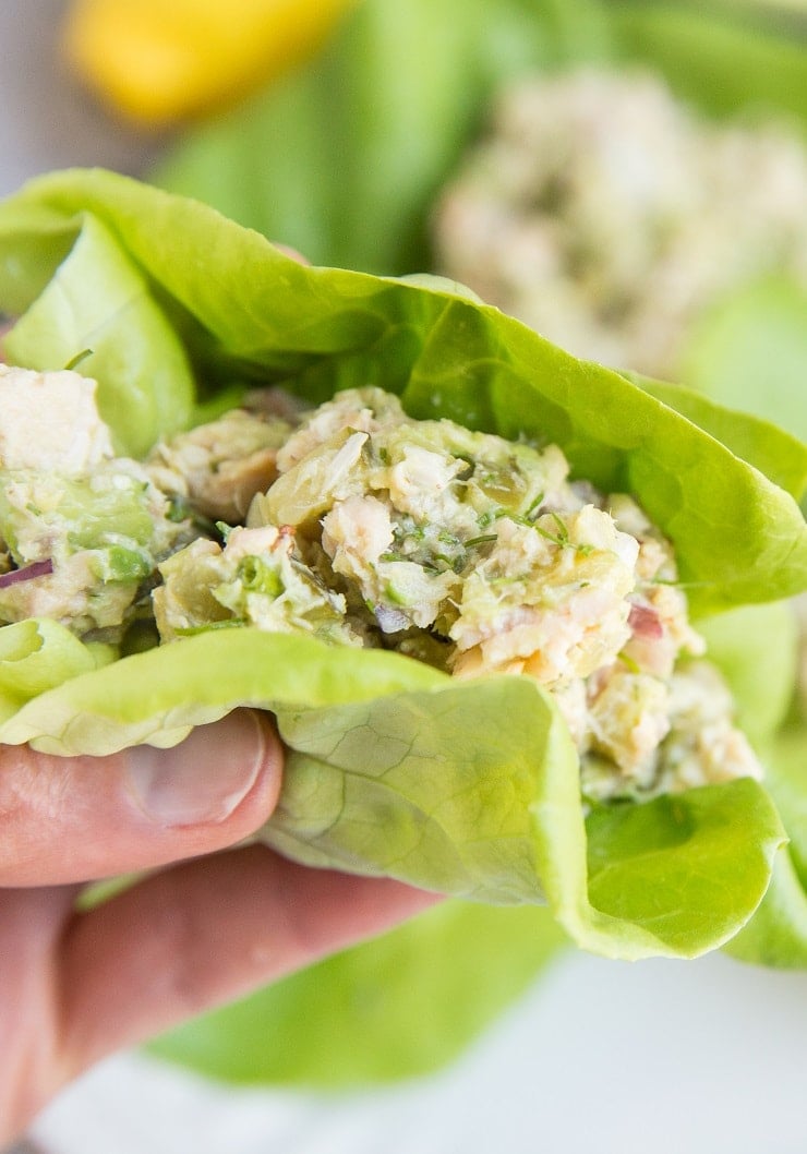 Healthy Mayo-Free Tuna Salad Lettuce Wraps with mashed avocado instead of mayonnaise. This healthy tuna salad recipe is a protein-packed satisfying lunch recipe. Paleo, keto, whole30, and delicious!