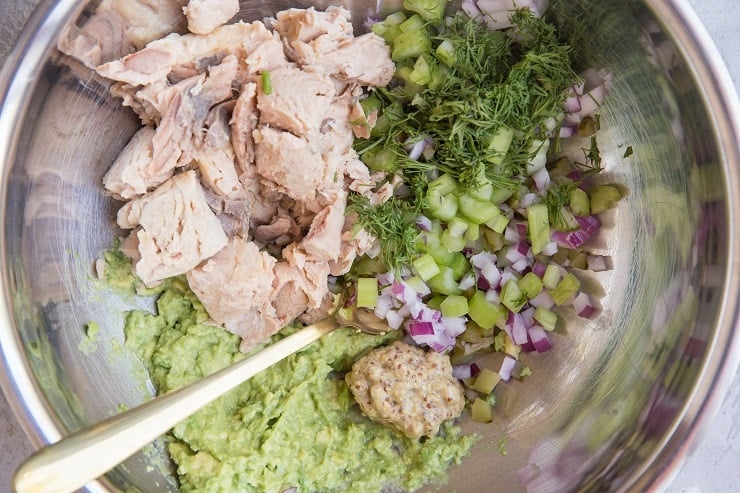 Ingredients for Tuna Salad in a mixing bowl
