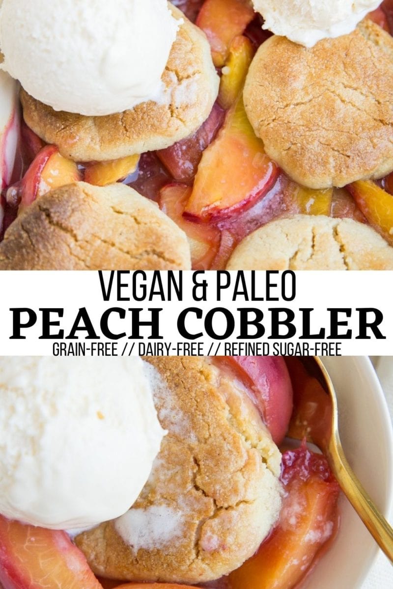 Vegan Paleo Peach Cobbler with almond flour topping and sweetened with pure maple syrup. This easy, healthy summer dessert recipe is grain-free, dairy-free, refined sugar-free and requires only 8 ingredients!