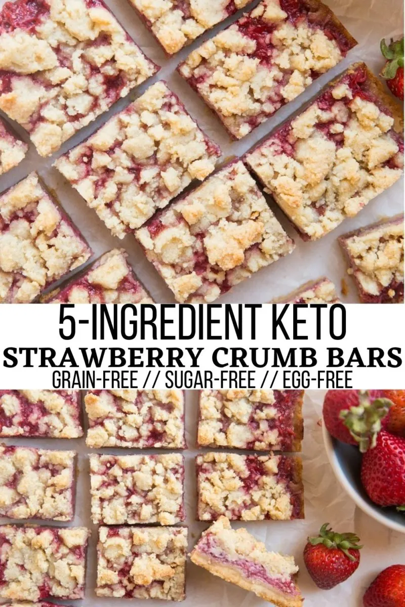 5-Ingredient Keto Strawberry Crumb Bars made egg-free, grain-free, and sugar-free. A perfectly buttery and tangy dessert with a fabulous shortbread crust!