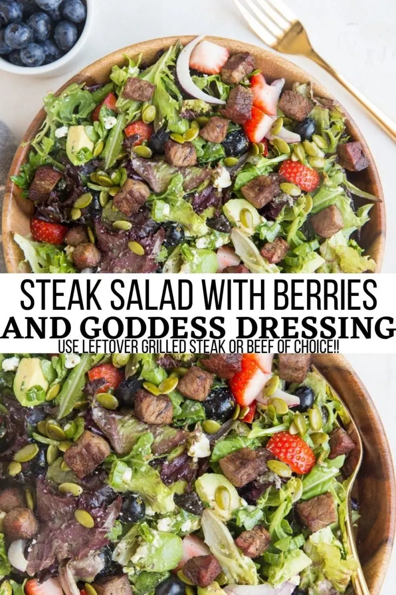 Steak Salad with strawberries, blueberries, avocado, feta cheese, pumpkin seeds, onion, and herby delicious dressing to make you swoon. 