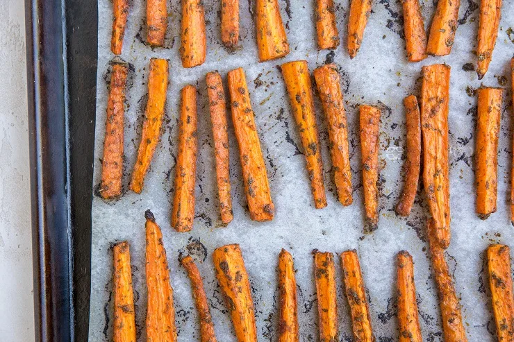 Baked Carrot Fries on a baking sheet