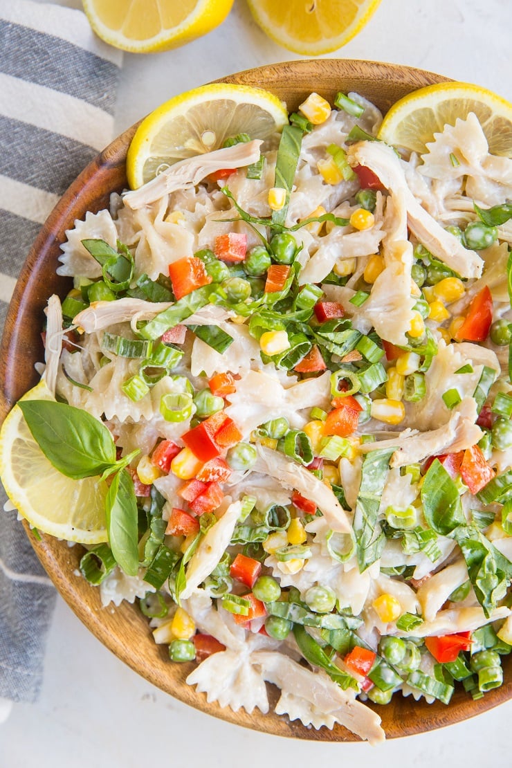 Easy Creamy Chicken Pasta Salad with peas, corn, bell pepper and Lemon Greek yogurt dressing. Light, refreshing, delicious!