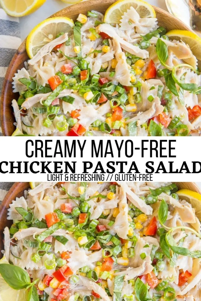 Creamy Chicken Pasta Salad - Light, refreshing mayo-free chicken pasta salad with fresh veggies is a marvelous main entree for summer or side dish. #glutenfree #pasta #pastasalad #chicken #chickenrecipes