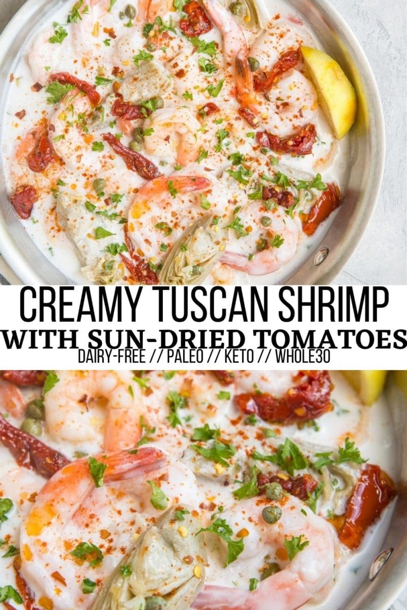 Quick and easy Tuscan Shrimp with sun-dried tomatoes, capers, and artichoke hearts in a dairy-free cream sauce makes for a lovely main entrée or side dish. Whip it up with your favorite side dishes or to go alongside steak for a surf and turf dinner.