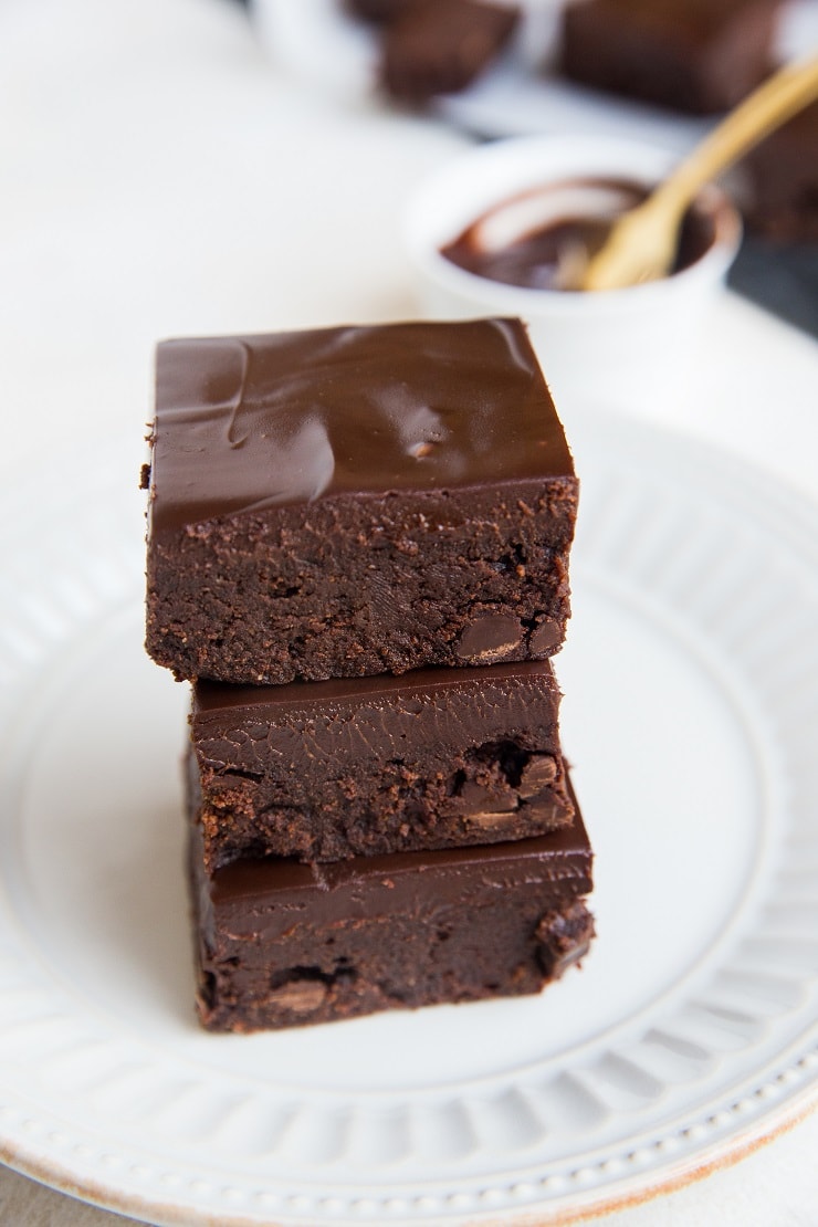 Keto Triple Chocolate Fudge Brownies with chocolate ganache - sugar-free, low-carb, rich and delicious!