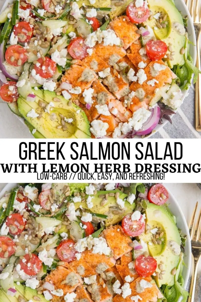 Greek Salmon Salad with avocado, feta, cucumber, tomatoes, red onion, sunflower seeds and lemon herb dressing is an incredibly satiating meal! Low-carb and delicious!