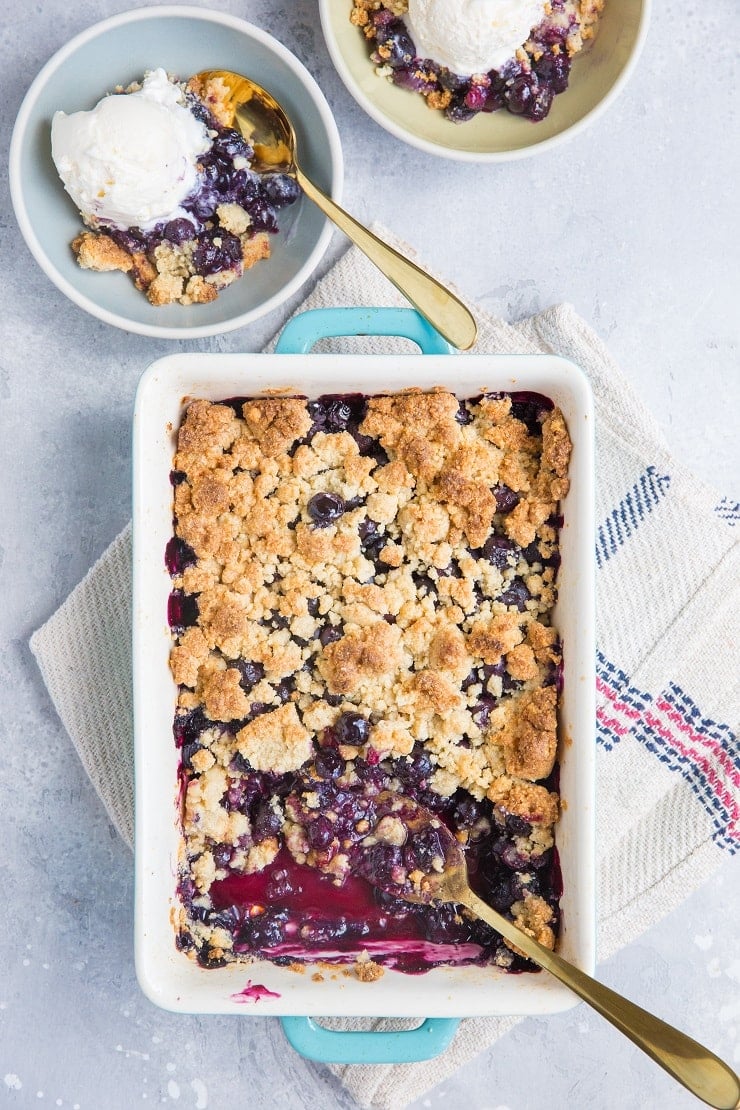 Keto Blueberry Crumble - easy 6-Ingredient fruit crumble recipe made grain-free, sugar-free, and dairy-free for a lower-carb dessert recipe. The crumble topping is everything here!