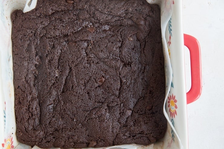 finished keto brownies in a cake pan