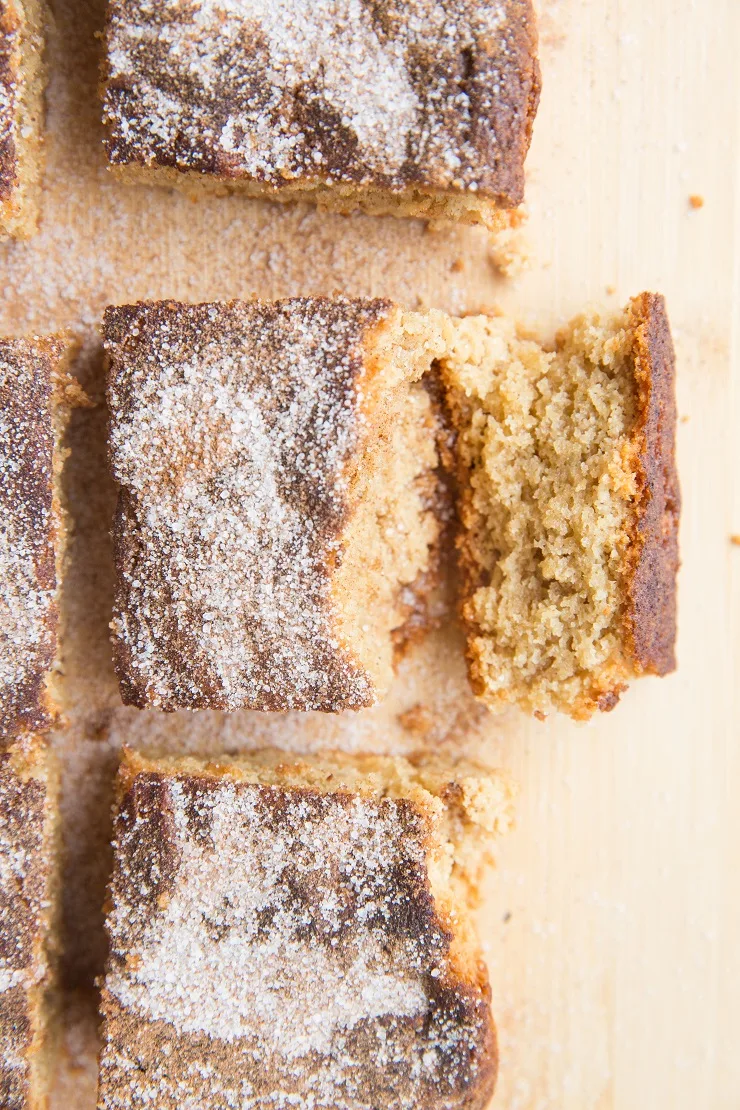 Chewy, delicious keto snickerdoodle cookie bars made with almond flour and sugar-free sweetener