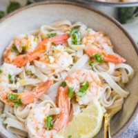 Quick and easy creamy garlic lemon shrimp pasta. Comes together in less than 30 minutes