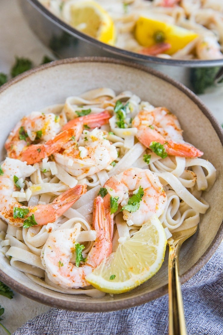 Quick and easy creamy garlic lemon shrimp pasta. Comes together in less than 30 minutes