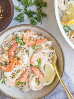 Creamy Lemon Garlic Shrimp Pasta made gluten-free and dairy-free! This zesty, luscious, comforting easy pasta recipe comes together quickly for any night of the week!