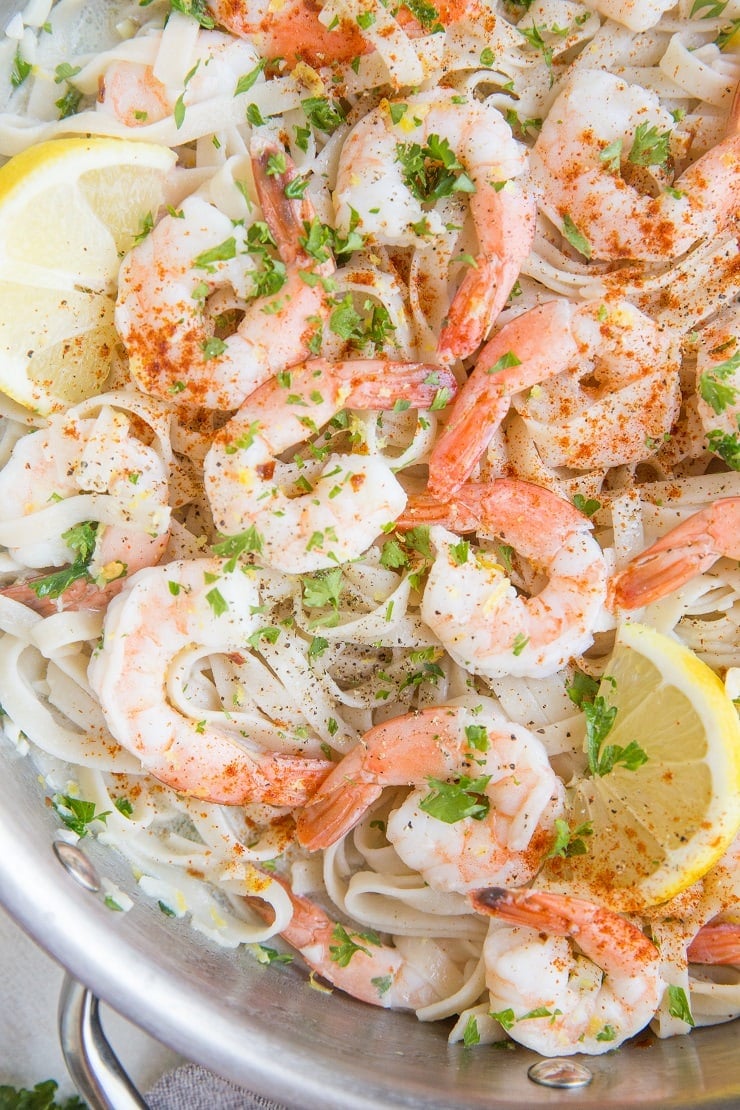 Quick and easy shrimp scampi with a creamy dairy-free garlic lemon sauce