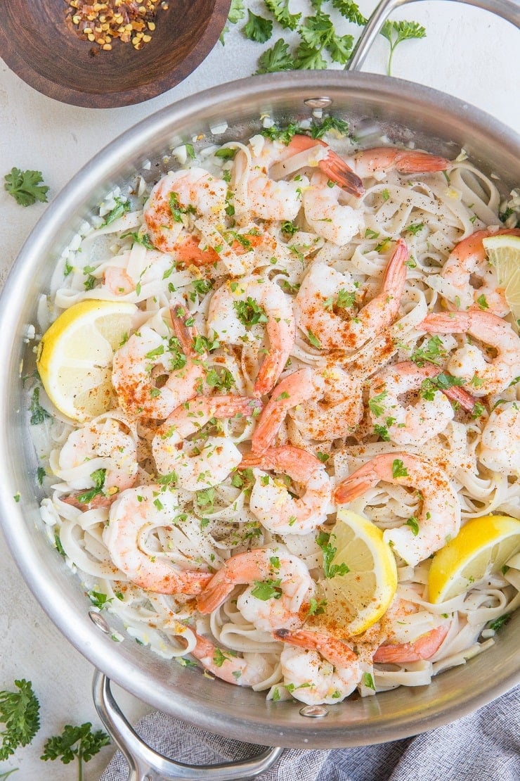 Garlic Lemon Shrimp Pasta with a few basic ingredients. Dairy-free cream sauce with plenty of garlic for a delicious meal