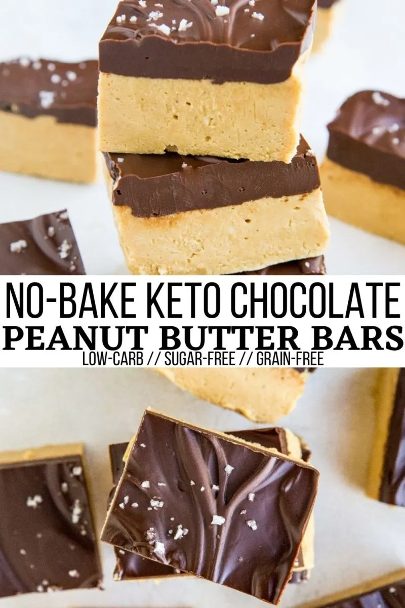 Keto No-Bake Chocolate Peanut Butter Bars made with only 5 ingredients! This easy sugar-free dessert recipe comes together in a few minutes and tastes just like a peanut butter cup!