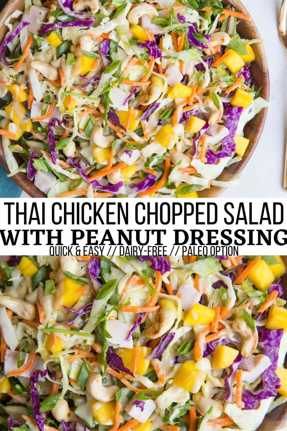 Thai Chicken Chopped Salad with peanut dressing is a light and refreshing meal. This healthy salad recipe is easy to throw together any night of the week and an excellent use for leftover chicken!