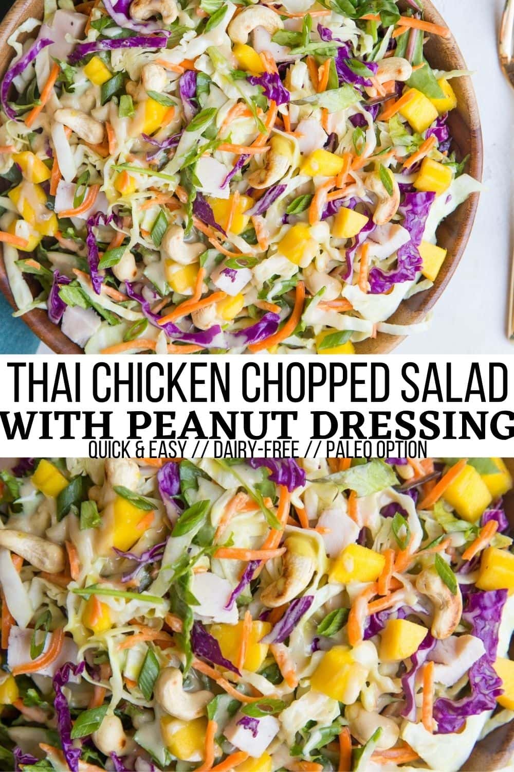 Thai Chicken Chopped Salad with peanut dressing is a light and refreshing meal. This healthy salad recipe is easy to throw together any night of the week and an excellent use for leftover chicken!