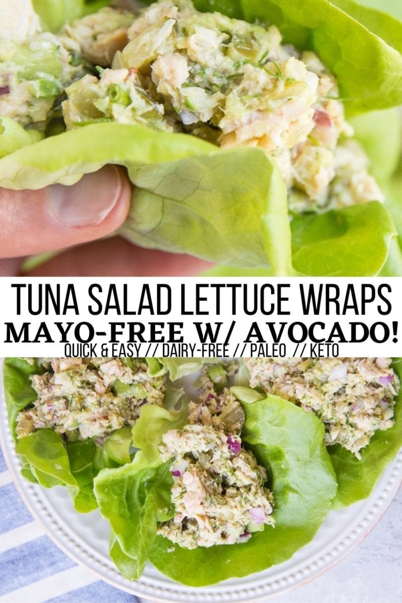 Tuna Salad Lettuce Wraps - mayo-free with avocado and all sorts of delicious goodies - red onion, pickles, celery, dill, and more. A delicious, quick, easy lunch recipe that is loaded with protein to keep you energized. Keto, low-carb, paleo, and whole30