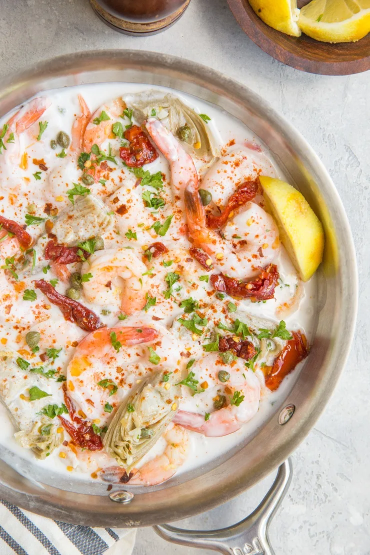 Tuscan Shrimp Recipe with delicious cream sauce is a magnificently flavorful main dish or side dish that is paleo, keto, and whole30