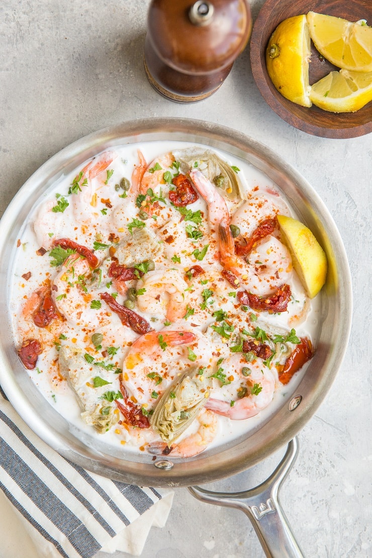 Tuscan Shrimp Recipe with dairy-free cream sauce. An easy, delicious main dish or side dish that is light and healthy