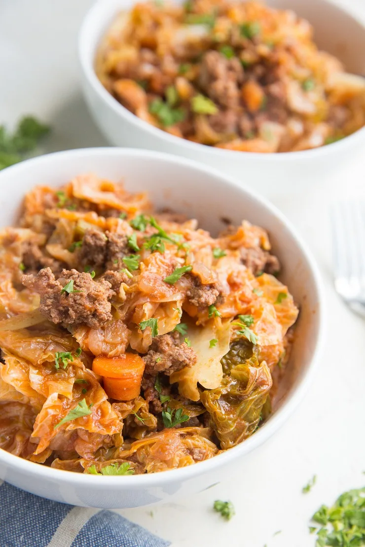 Unstuffed Cabbage Bowls are like deconstructed stuffed cabbage leaves with ground beef, tomato sauce, onion and more. A healthy paleo, keto dinner recipe