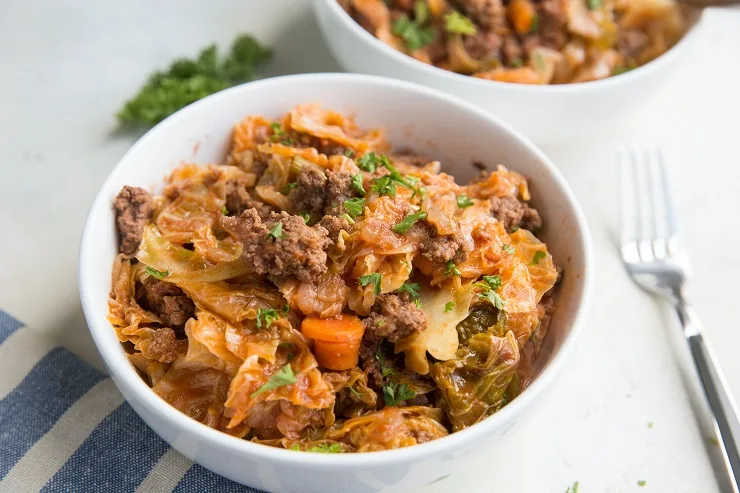 Keto Unstuffed Cabbage Bowls are like liked deconstructed stuffed cabbage rolls - ground beef, cabbage, onion, garlic and more!